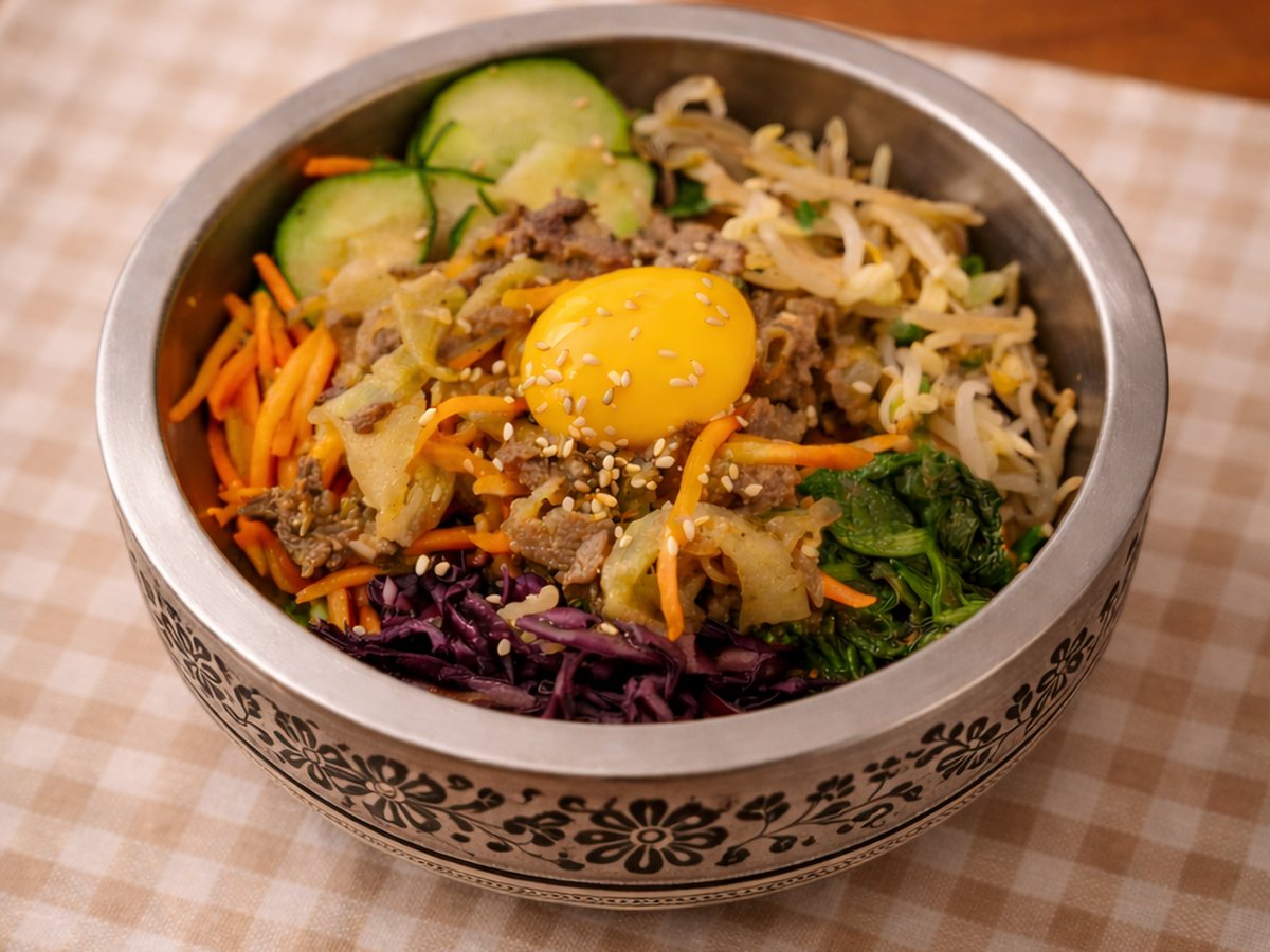 Bibimbap coréen servi dans un bol en métal